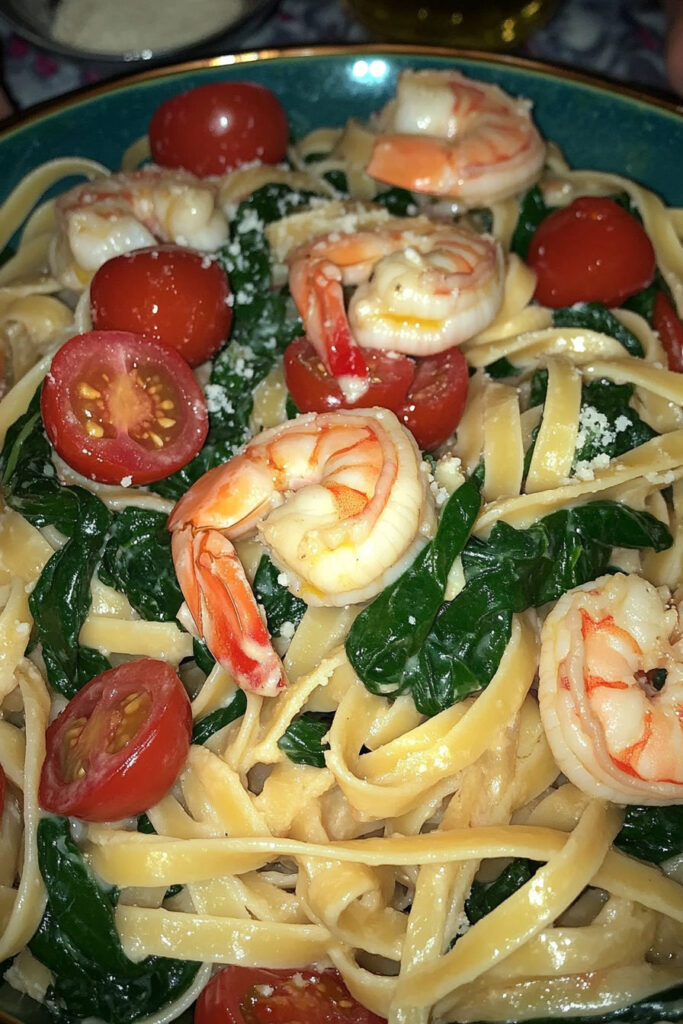 SHRIMP TOMATO SPINACH PASTA IN GARLIC BUTTER SAUCE