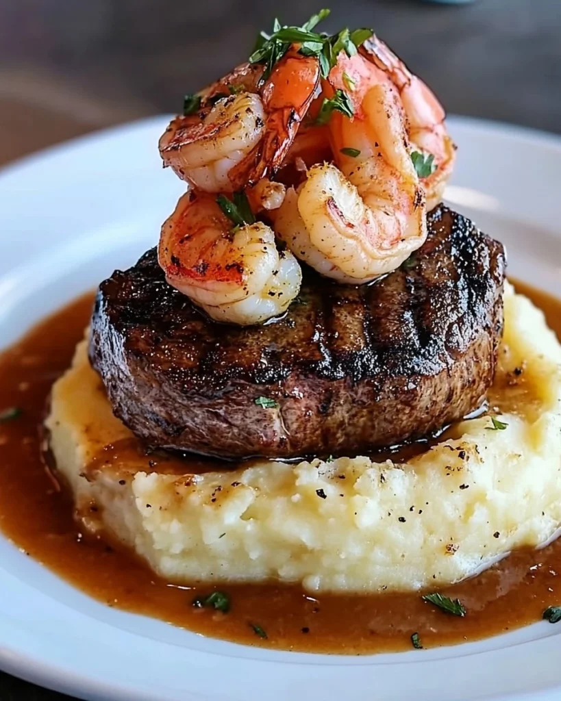Garlic Butter Steak & Shrimp over Creamy Mashed Potatoes