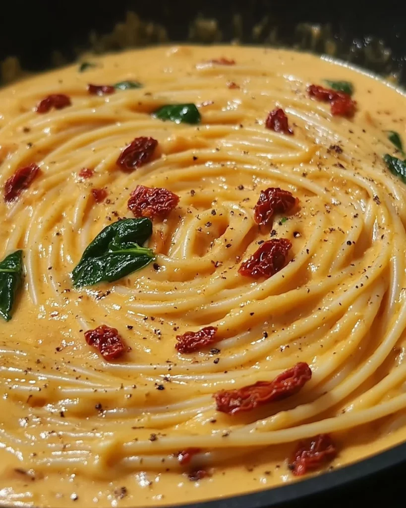 Spaghetti with Creamy Sun-Dried Tomato & Spinach Sauce