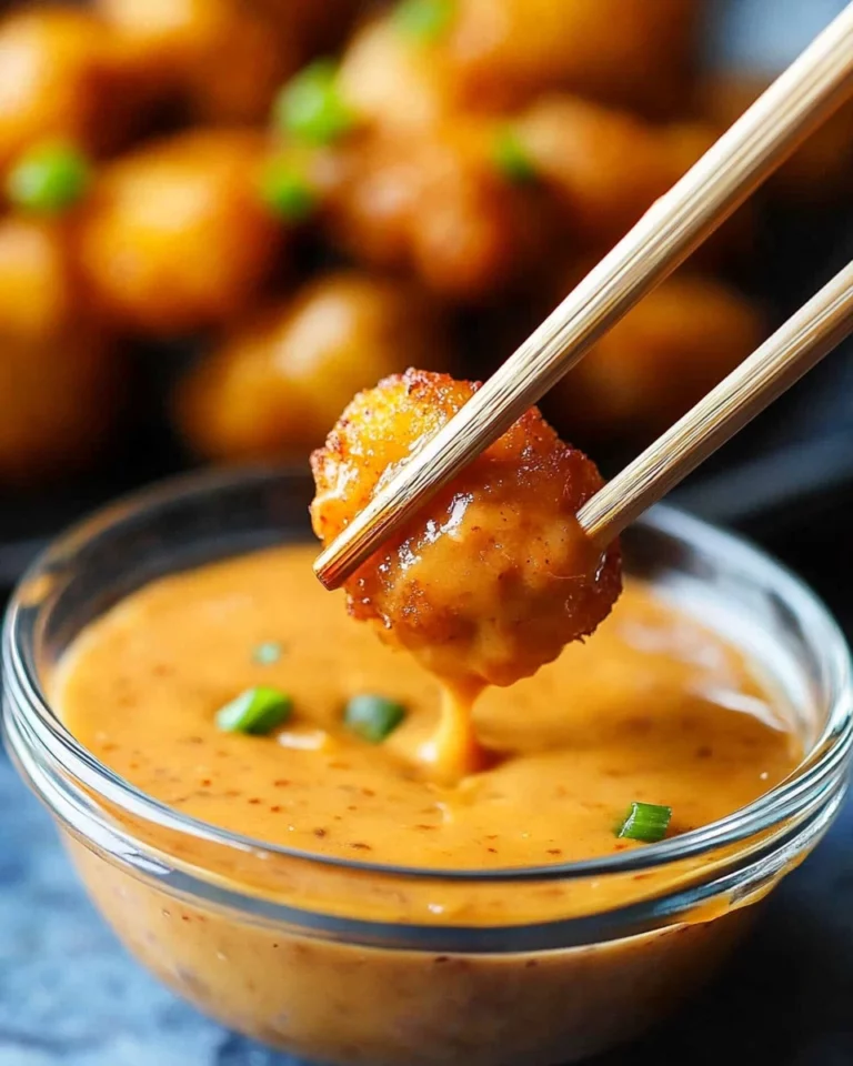 Air Fryer Bang Bang Chicken served with a spicy sauce and garnished with green onions.