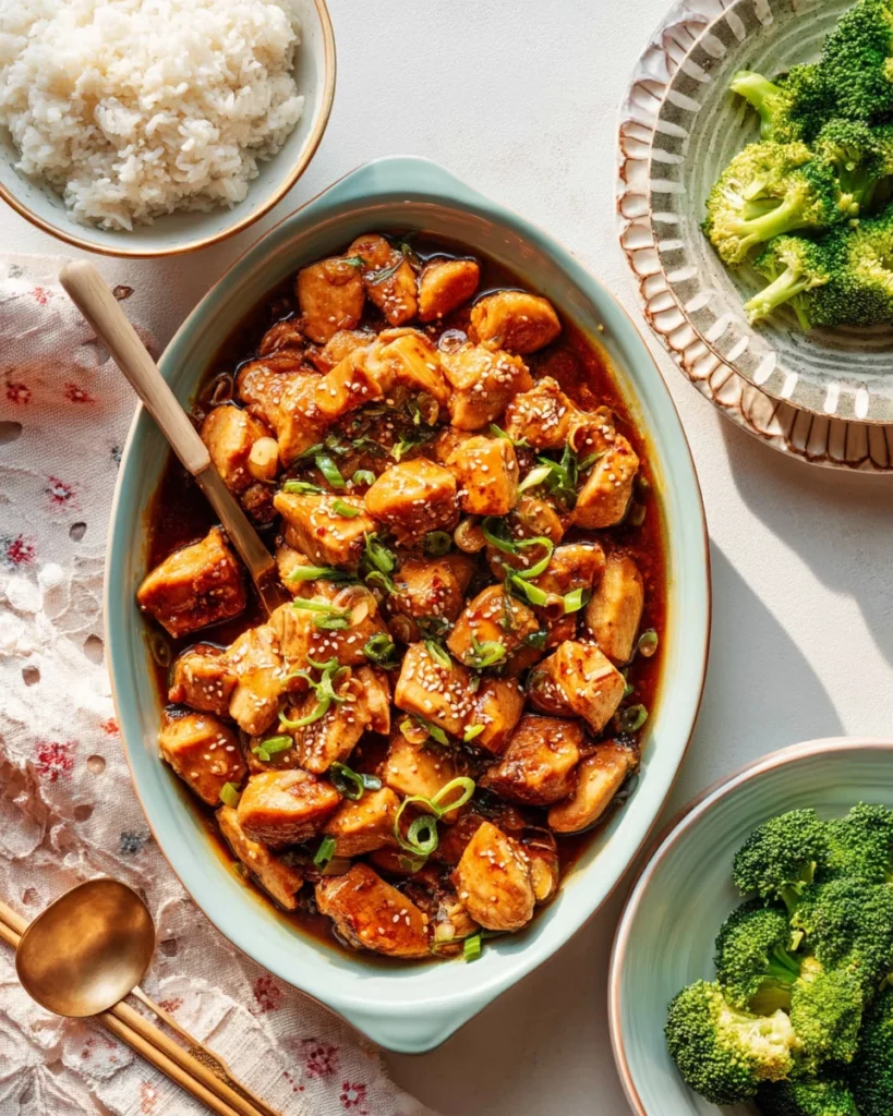 Baked Pineapple Teriyaki Chicken served with rice and vegetables