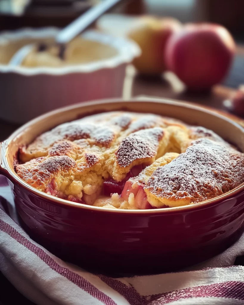 Baked sticky rhubarb pudding served in a bowl with a spoon