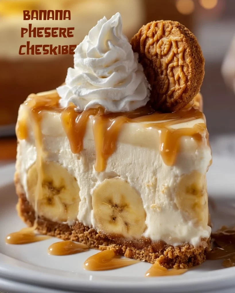Delicious banana pudding cheesecake served on a plate with garnish