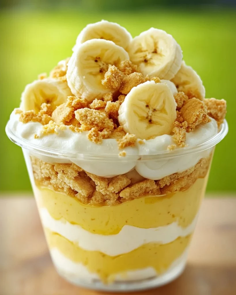 Delicious banana pudding cheesecake bowl with creamy layers and banana slices on top.