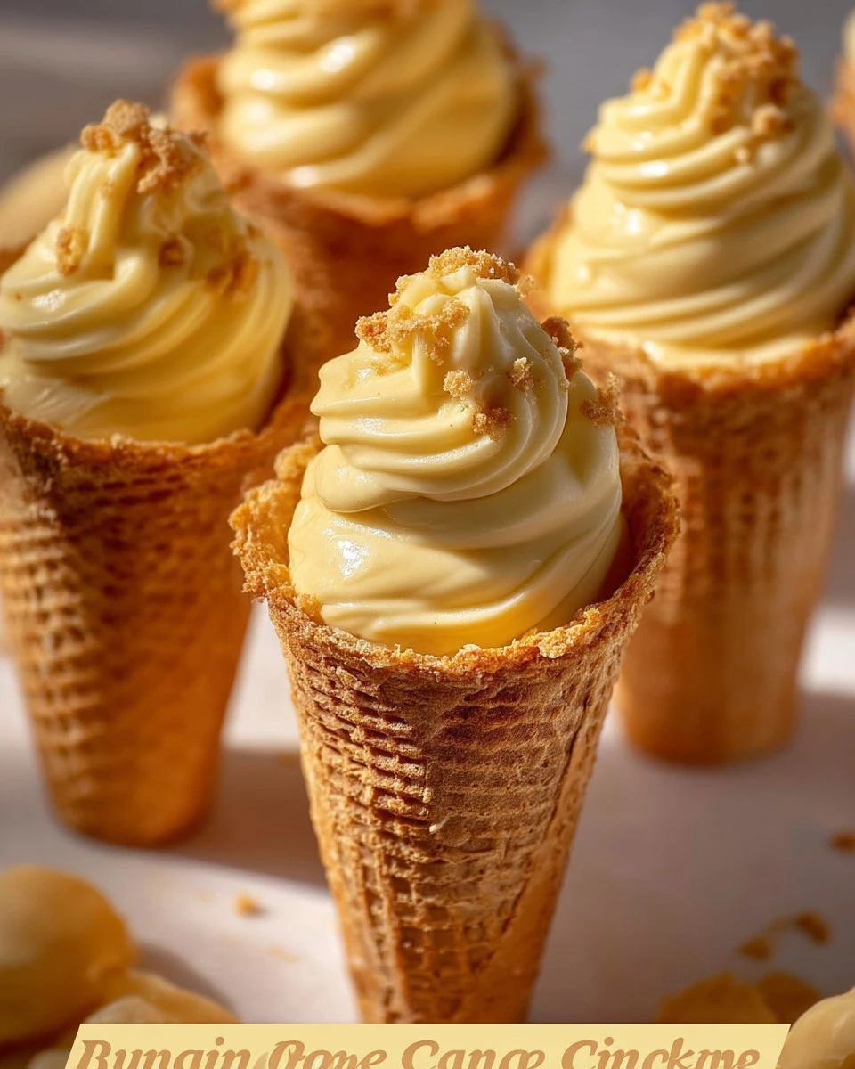Delicious banana pudding cheesecake cones served in a cone-shaped dessert cup.