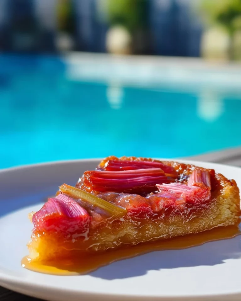 Caramel Rhubarb Upside-Down Cake with a caramel glaze and rhubarb topping