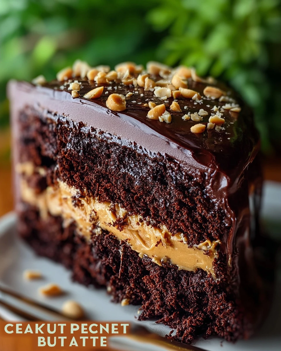Delicious Chocolate Peanut Butter Cake topped with chocolate frosting and peanut butter swirl.