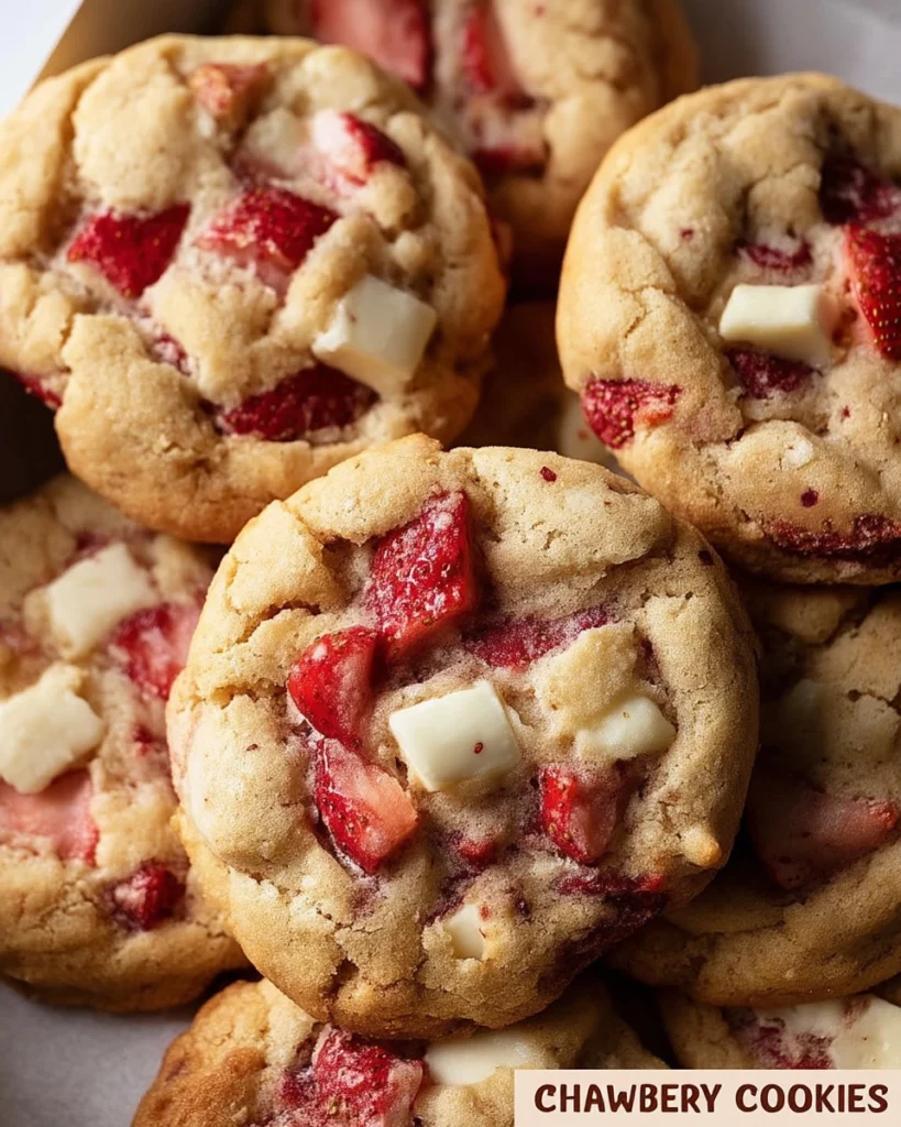 Delicious chunky strawberry cheesecake cookies on a plate with fresh strawberries.