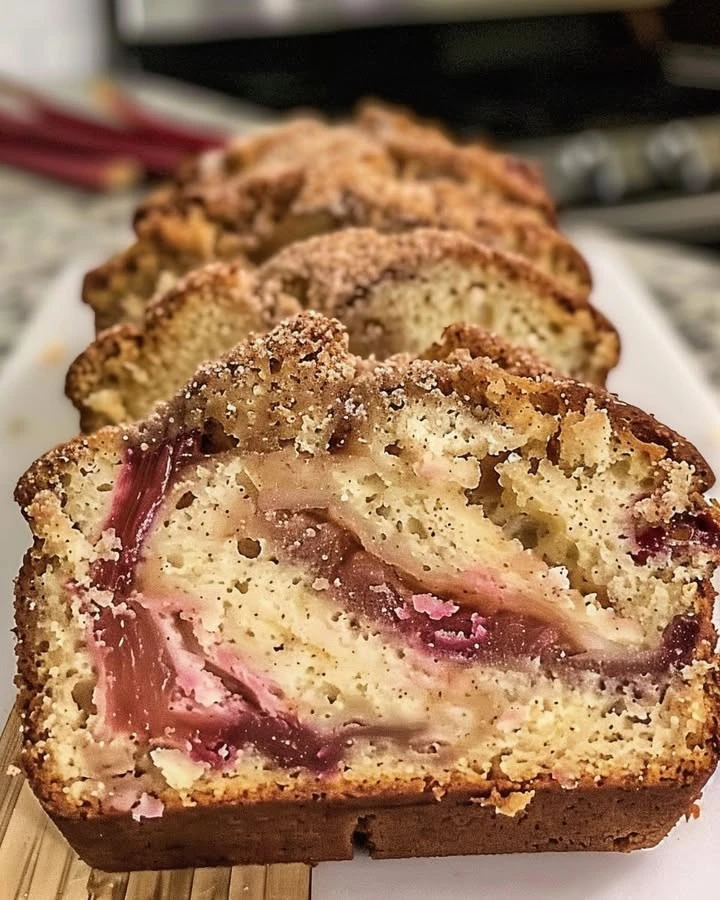 Freshly baked Cinnamon Rhubarb Bread served on a rustic wooden table.