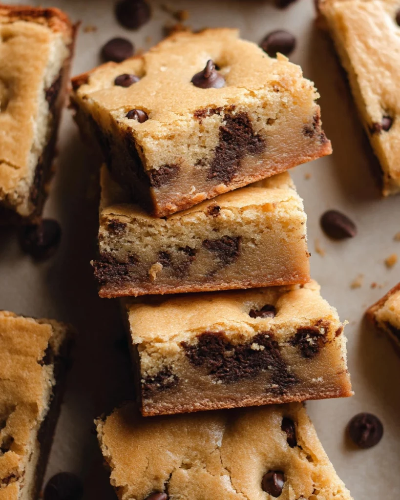 Classic chocolate chip cookie bars on a wooden board