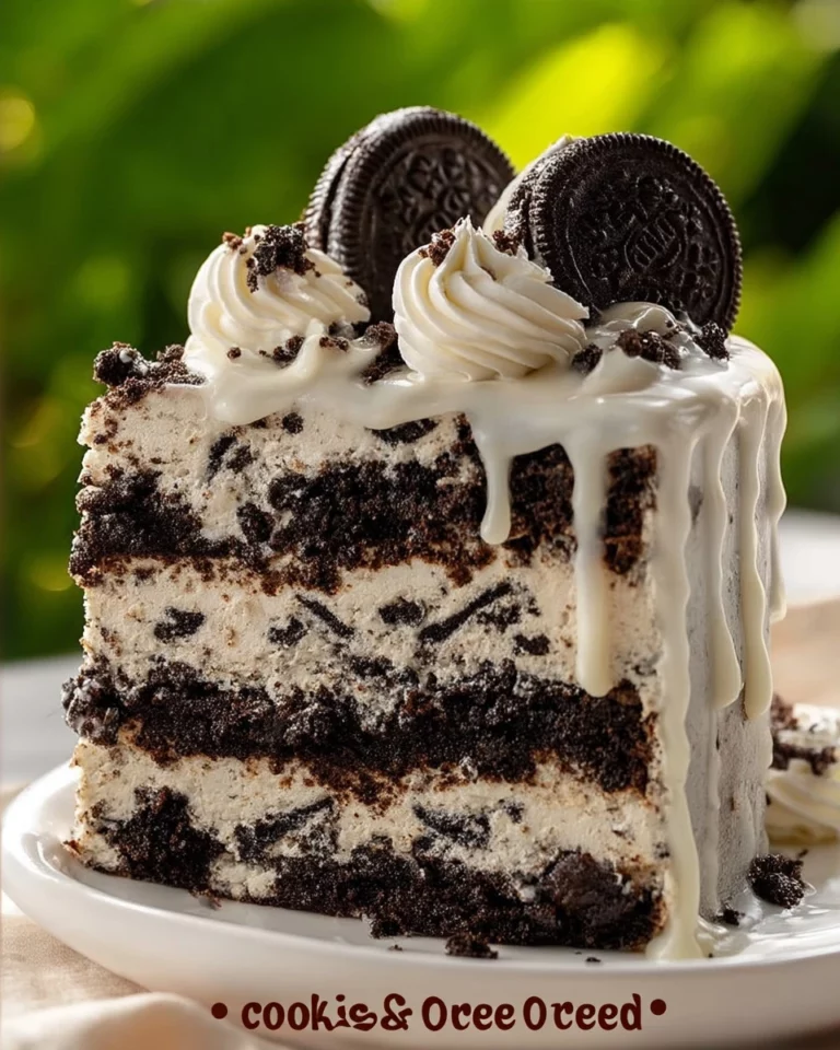 Delicious Cookies and Cream Oreo Cake with chocolate frosting and Oreo crumbles.