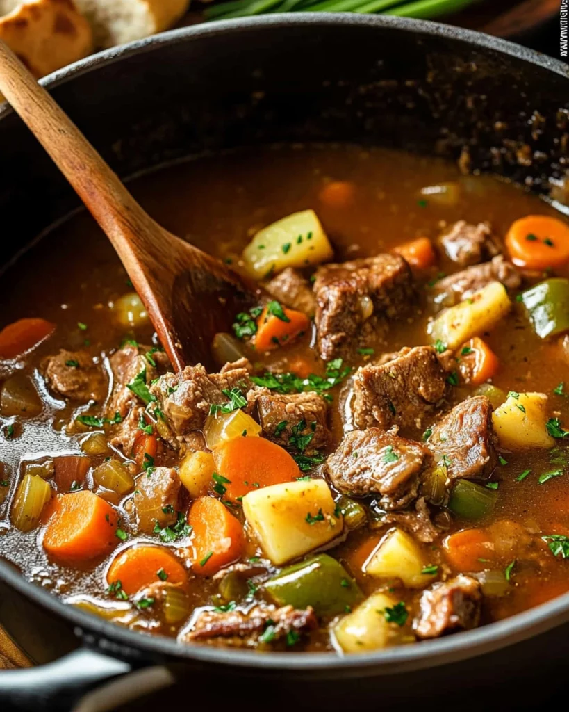 Bowl of Mississippi beef stew with vegetables and herbs, perfect for cozy meals.