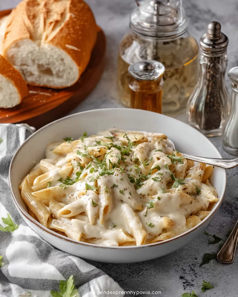 Cream cheese pasta sauce served over spaghetti with fresh herbs