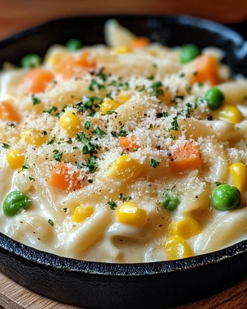 Creamy Chicken Pot Pie Pasta Bake