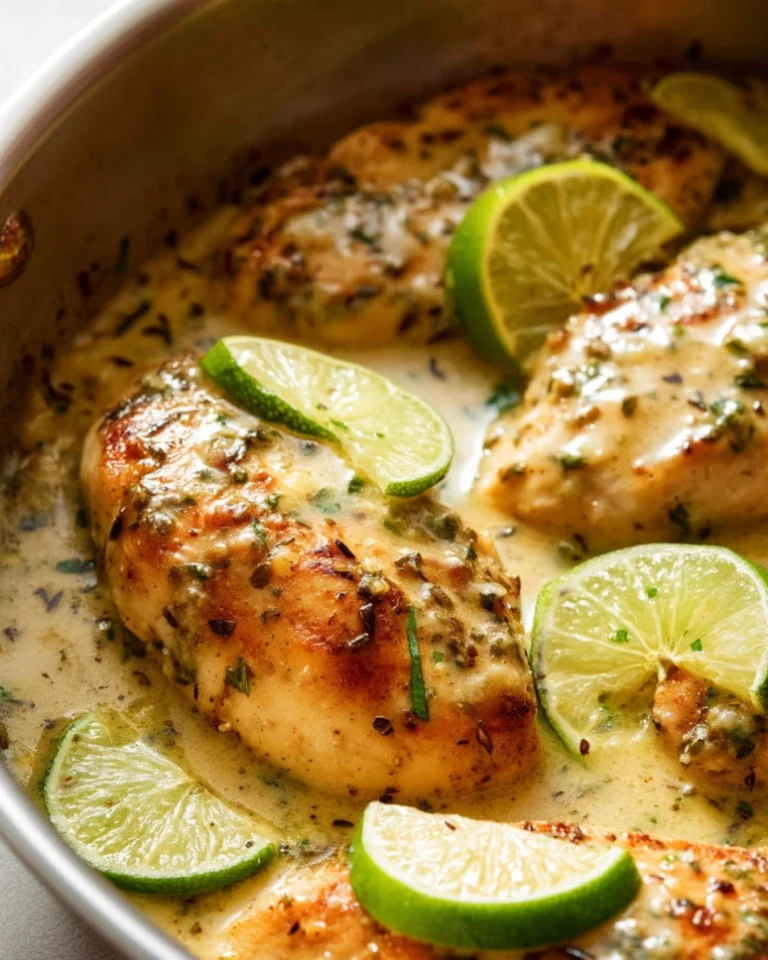 Creamy cilantro lime chicken served with fresh herbs and lime wedges