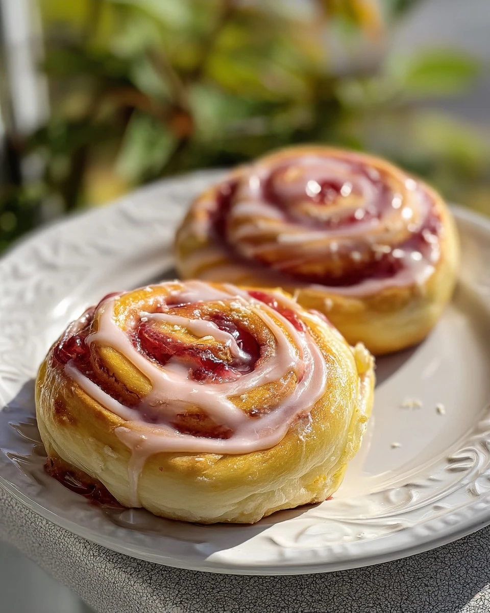 Decadent rhubarb sweet rolls freshly baked and drizzled with icing