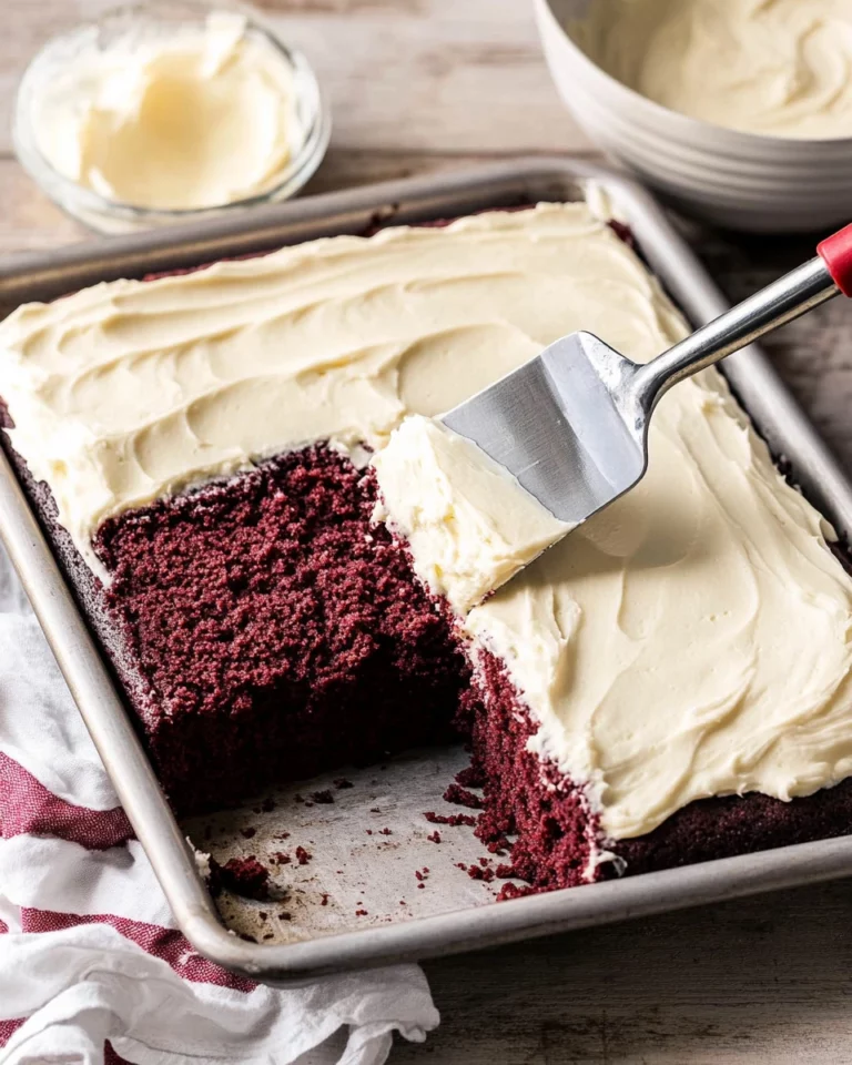 Delicious red velvet sheet cake topped with creamy frosting