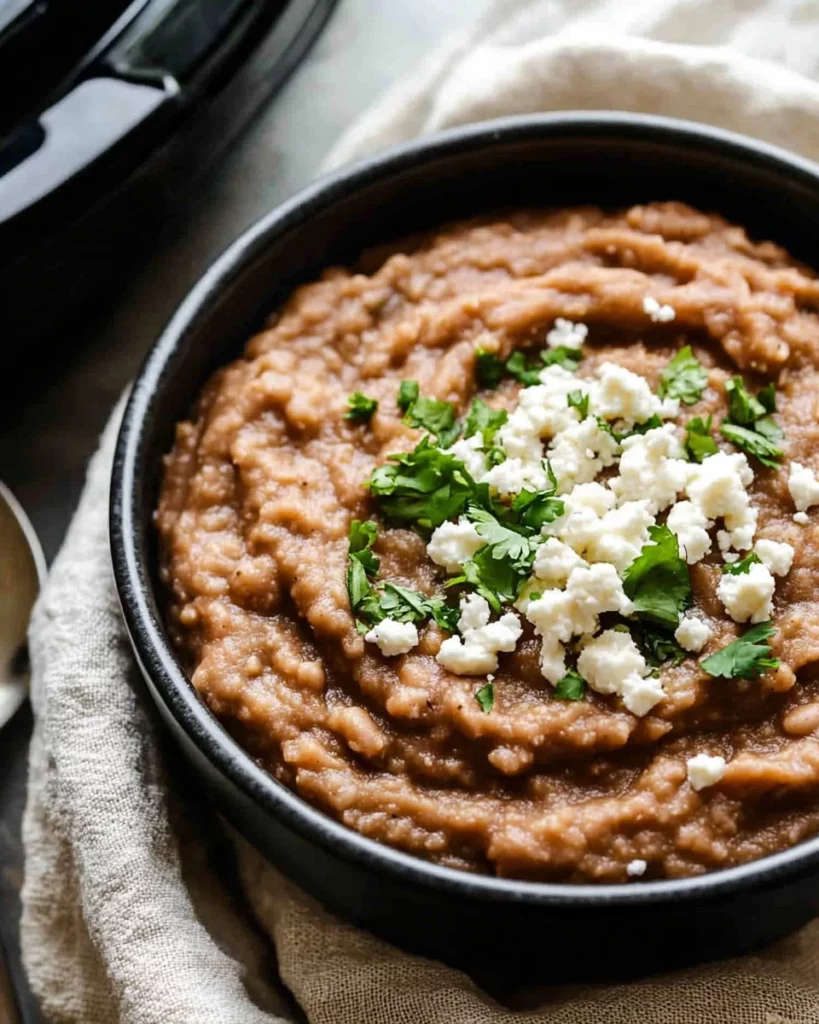 Easy slow cooker refried beans in a bowl garnished with cilantro.