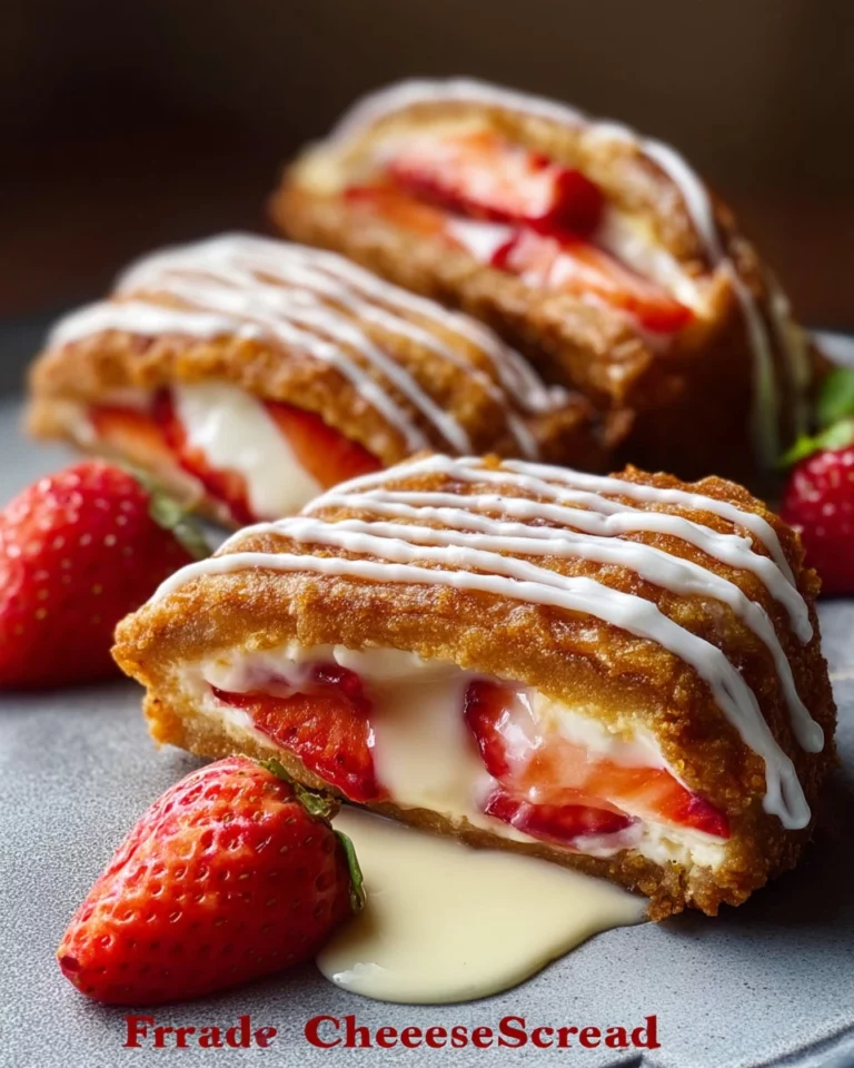 Fried strawberry cheesecake sandwiches served on a plate with whipped cream.