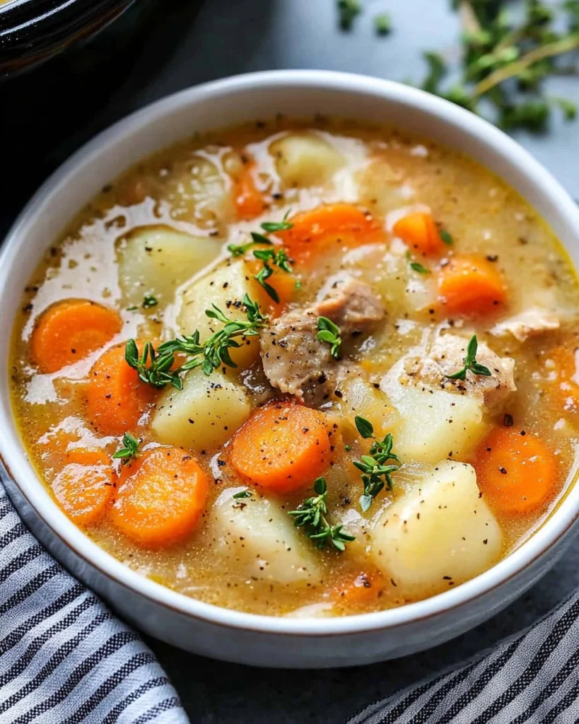 Hearty slow cooker green chile pork stew with fresh ingredients served in a bowl
