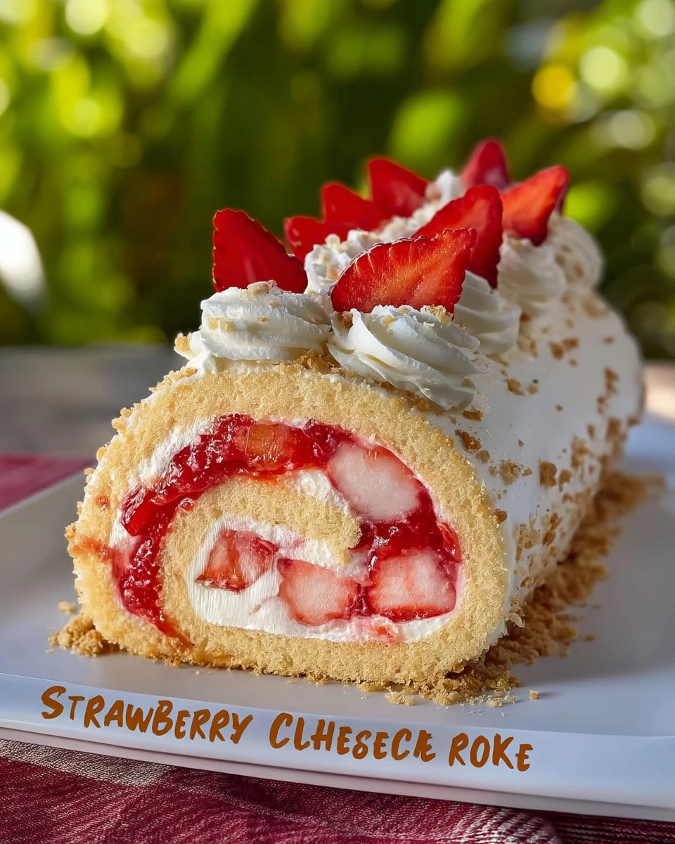 Delicious homemade strawberry shortcake cheesecake roll ready to be served