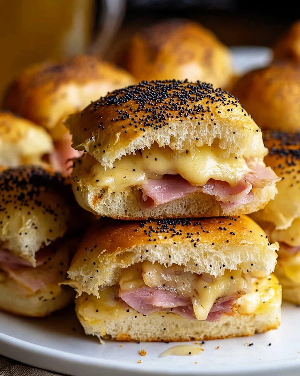 Delicious hot ham and cheese sliders served on a platter