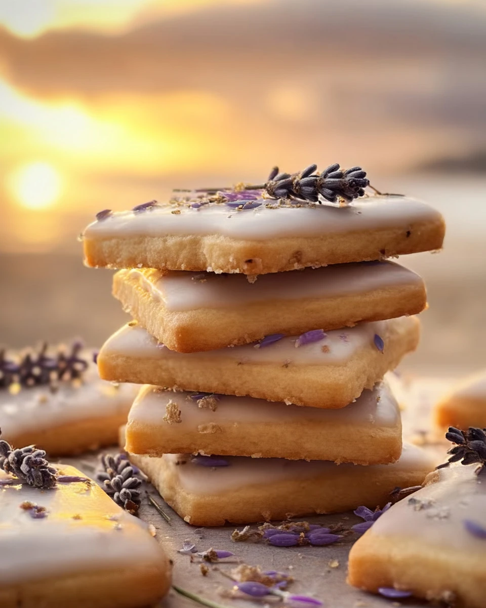 Iced Lemon Lavender Shortbread Cookies decorated on a plate