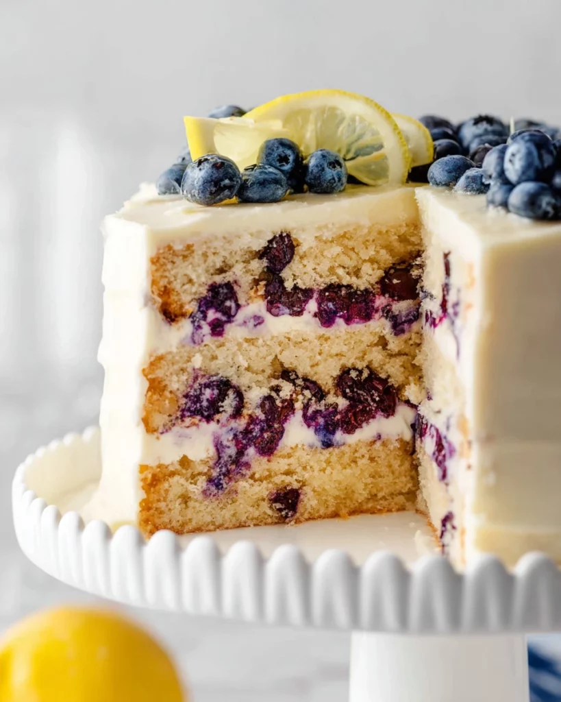 Lemon Blueberry Layer Cake with fresh berries and frosting
