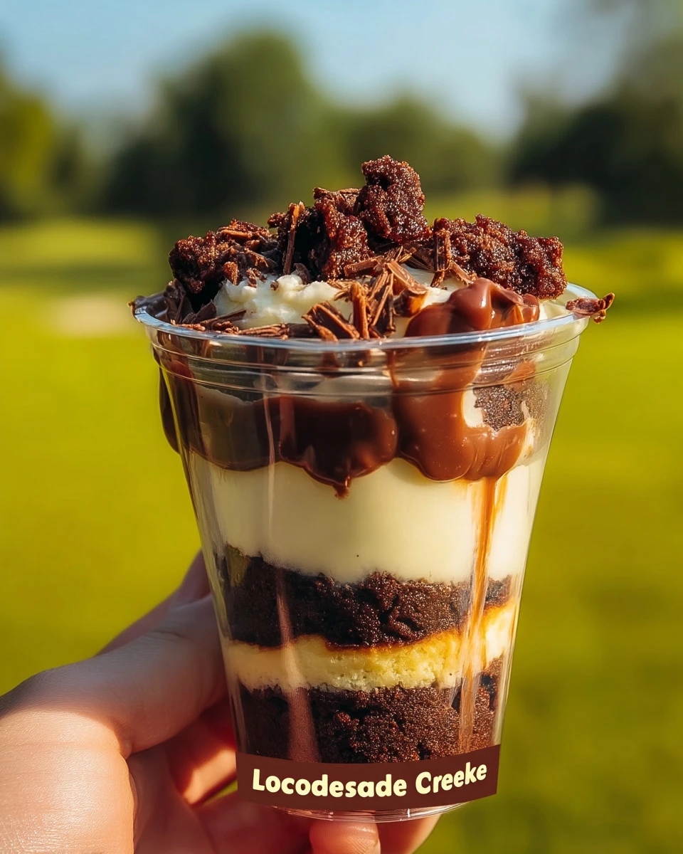 Loaded brownie cheesecake cup with chocolate drizzles and creamy topping