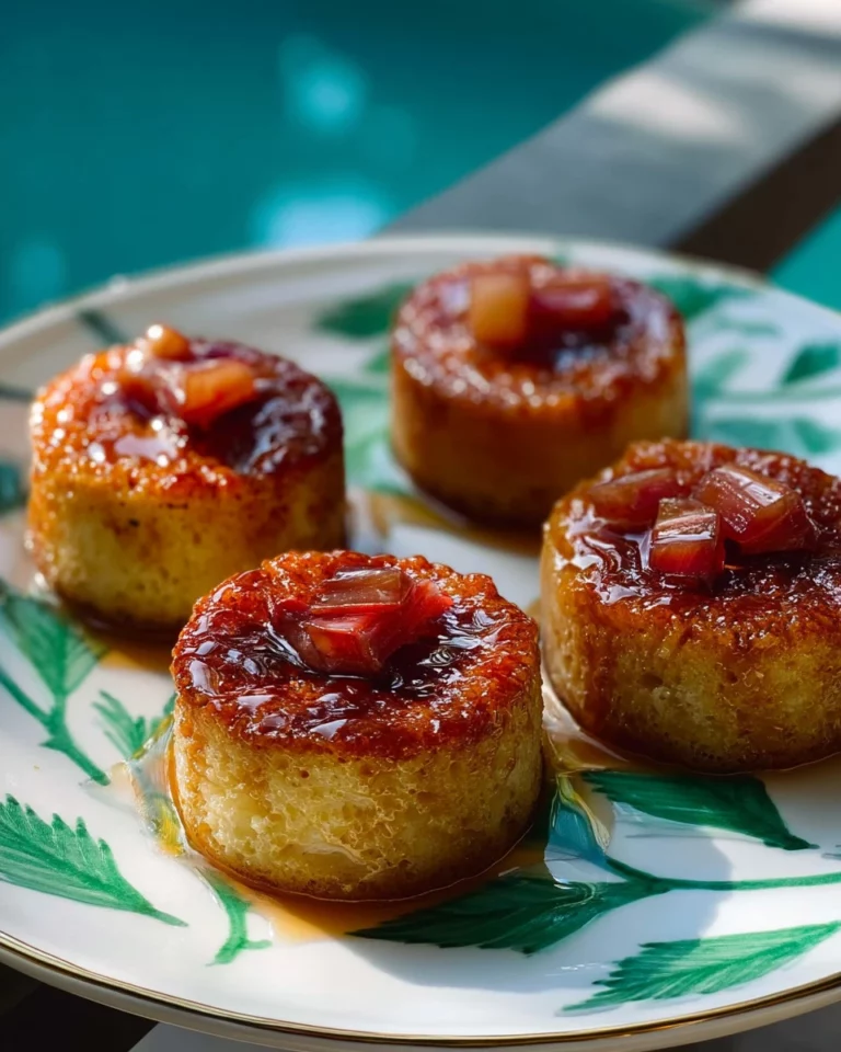 Mini rhubarb upside-down cakes served on a decorative plate