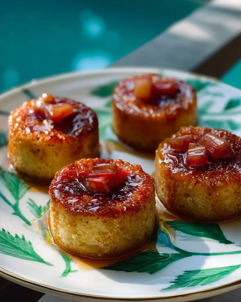 Mini rhubarb upside-down cakes served on a decorative plate