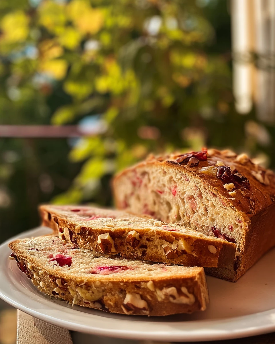 Homemade Orange Rhubarb Bread with a golden crust and vibrant fruit flavor.