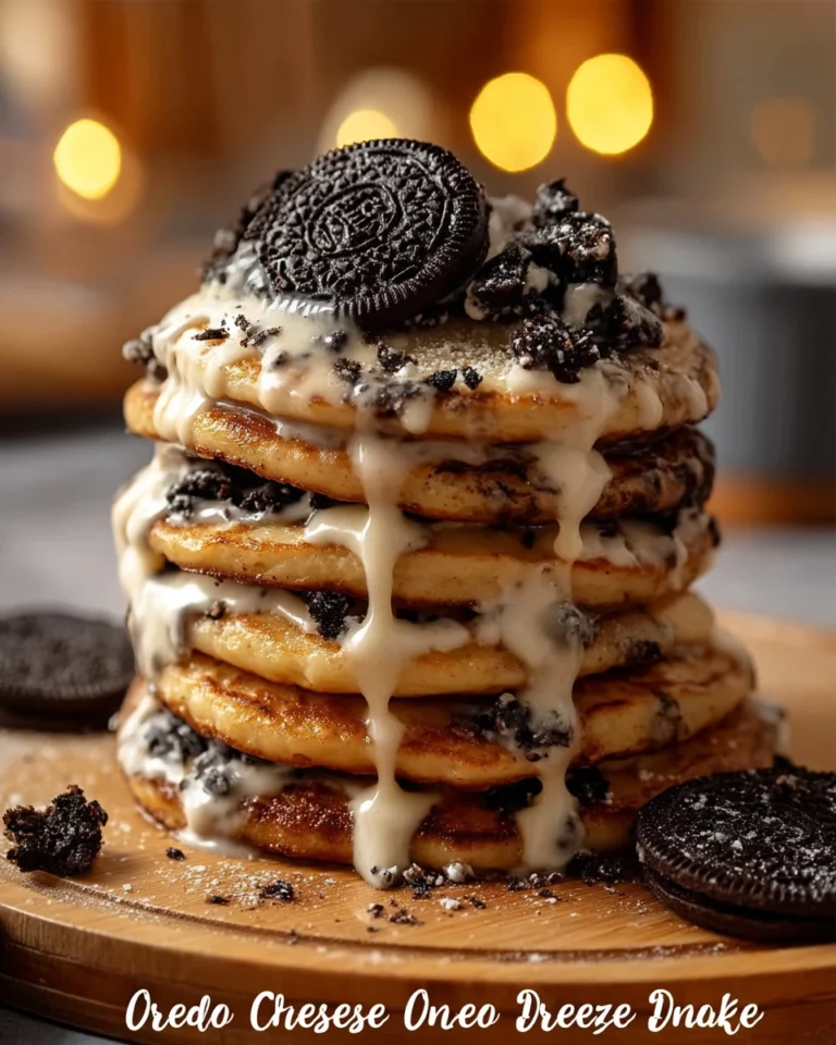 Oreo pancakes topped with cream cheese drizzle and cookie crumbs