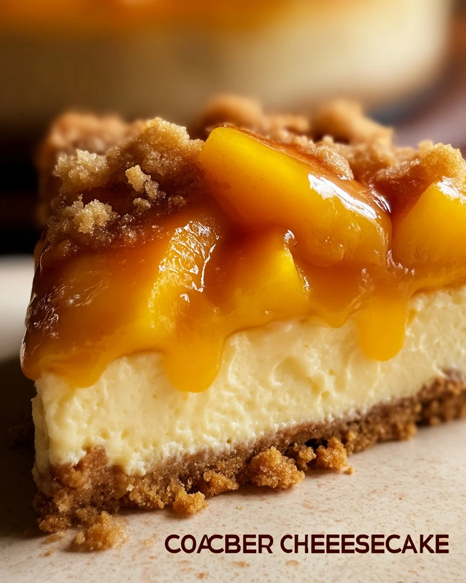Delicious Peach Cobbler Cheesecake topped with fresh peach slices and crumble