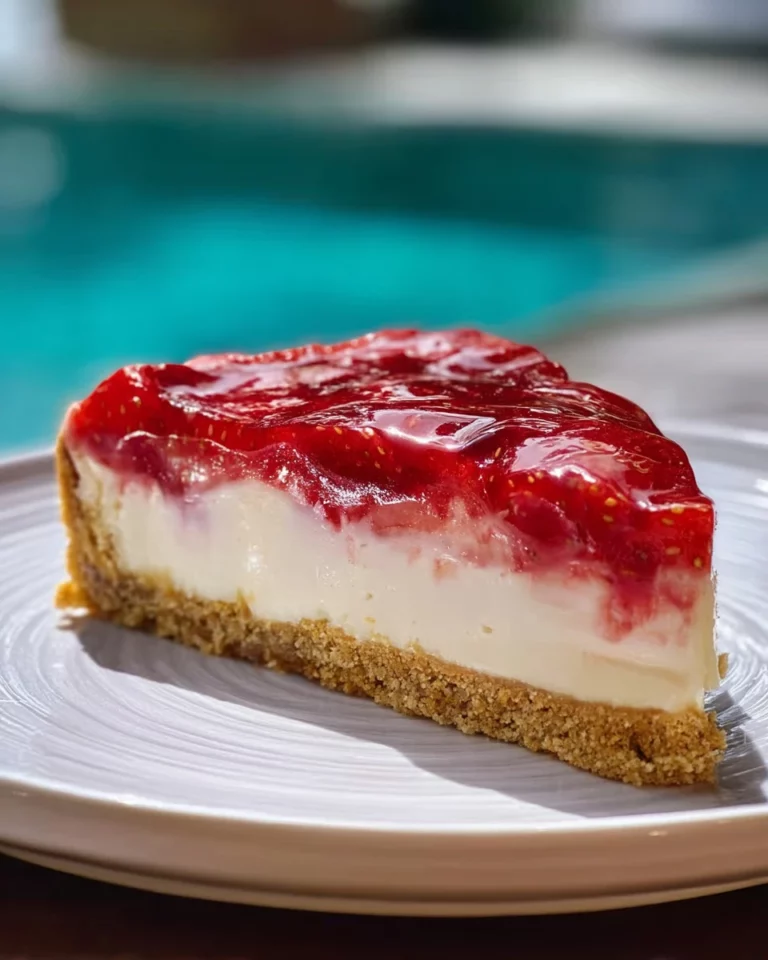 A slice of delicious rhubarb cheesecake topped with fresh rhubarb and whipped cream.