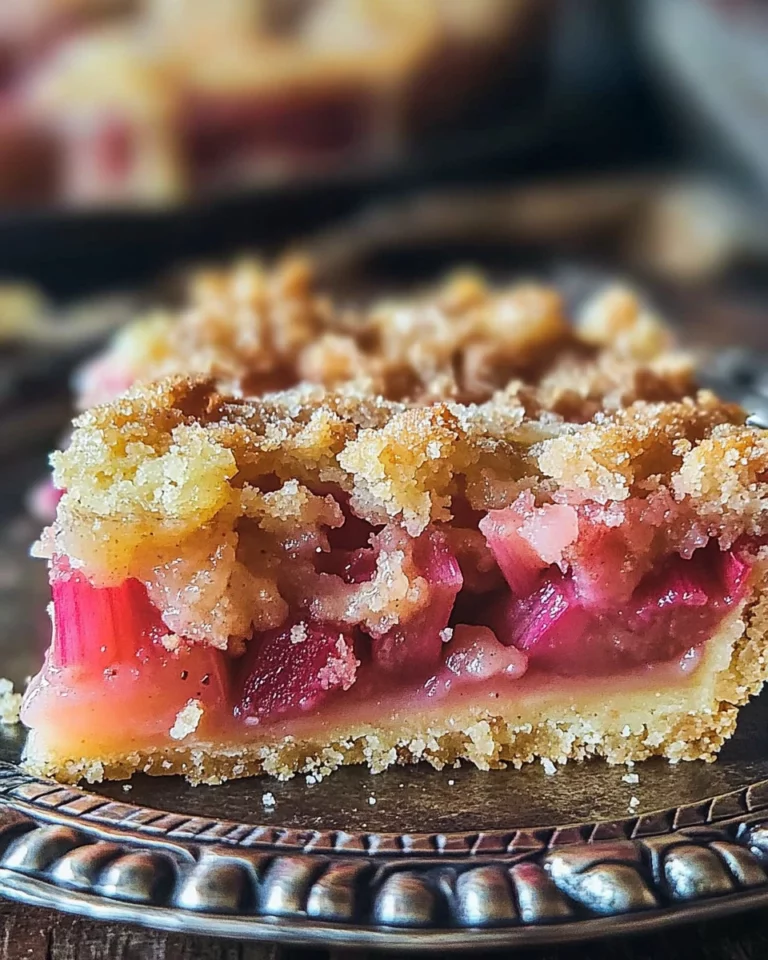 Delicious homemade rhubarb dream bars served on a plate.