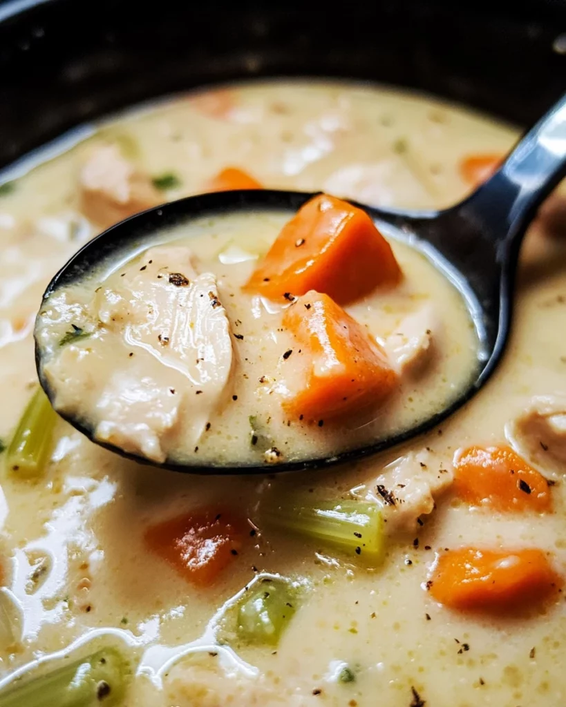 Bowl of Slow Cooker Creamy Chicken Soup garnished with herbs