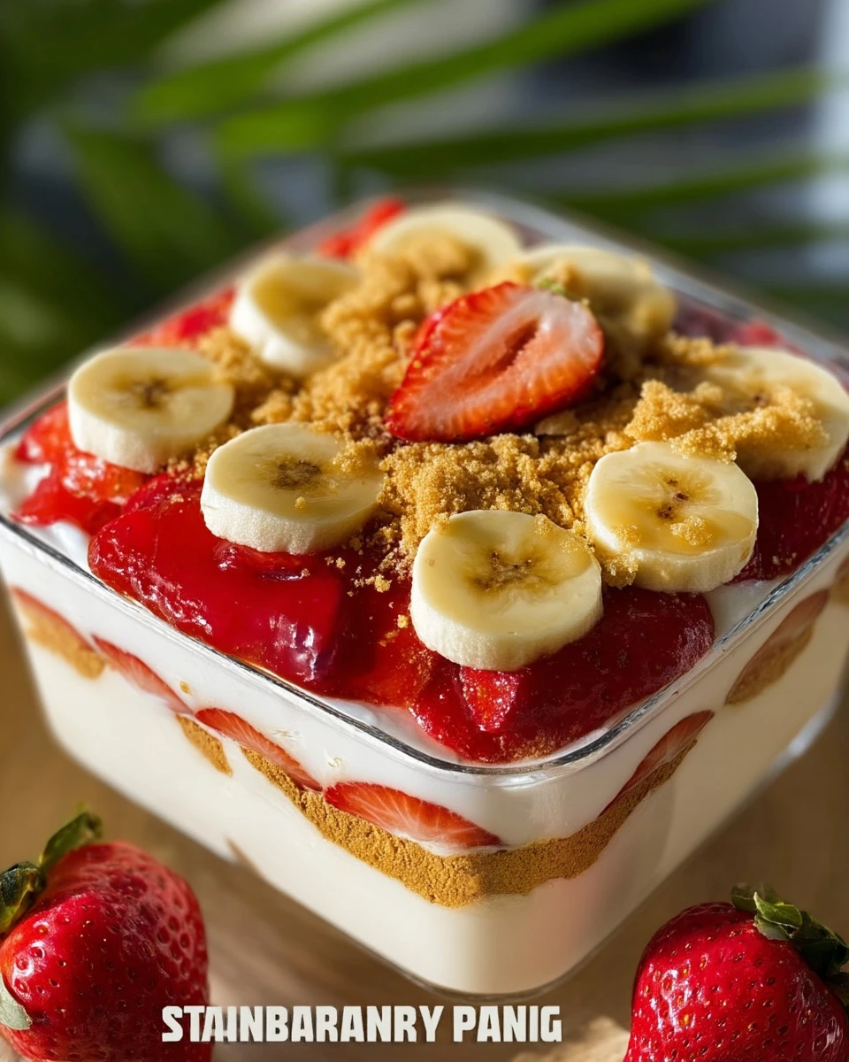 Delicious strawberry banana pudding served in a decorative pan.