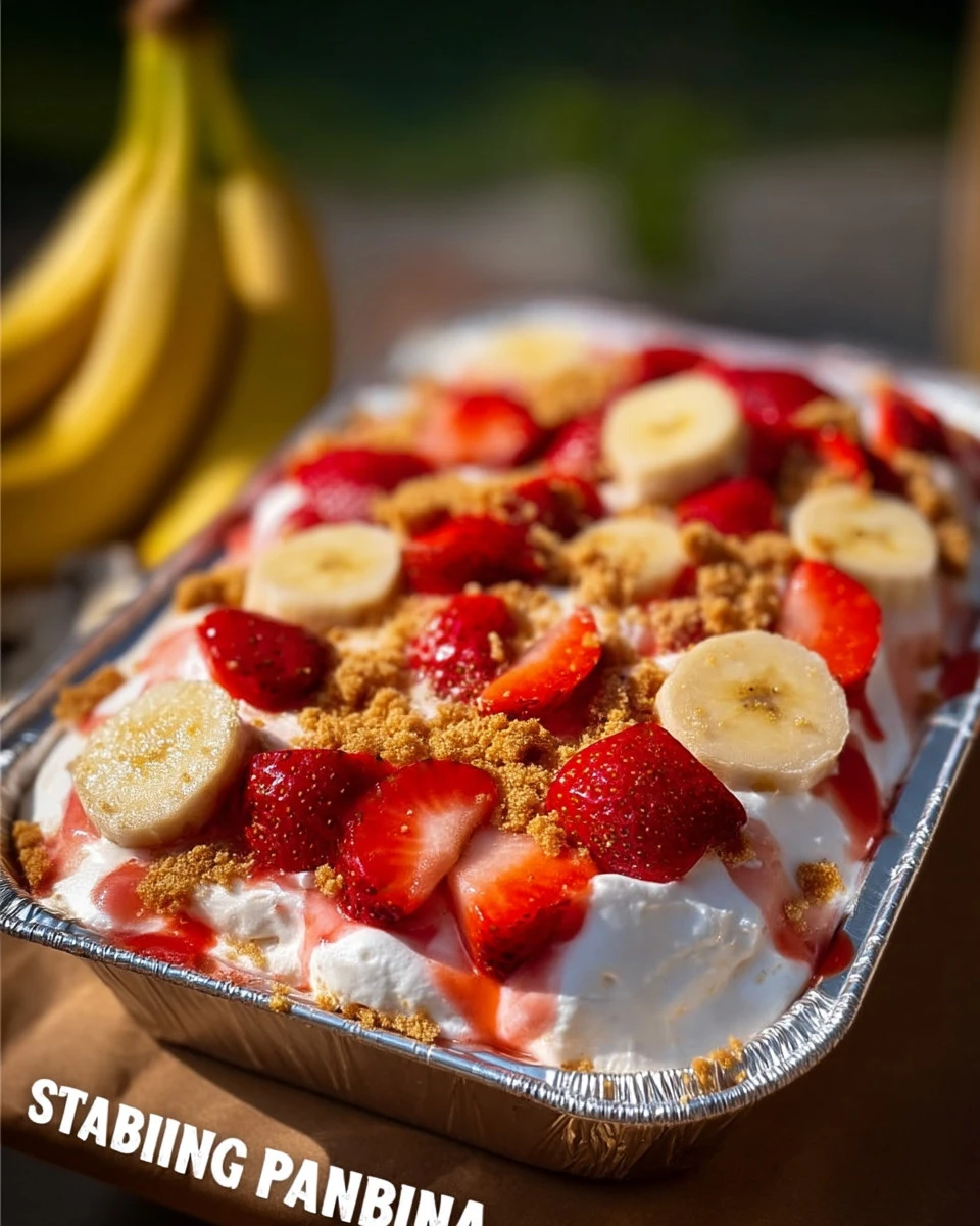 Delicious Strawberry Banana Pudding Pan topped with fresh strawberries and bananas.