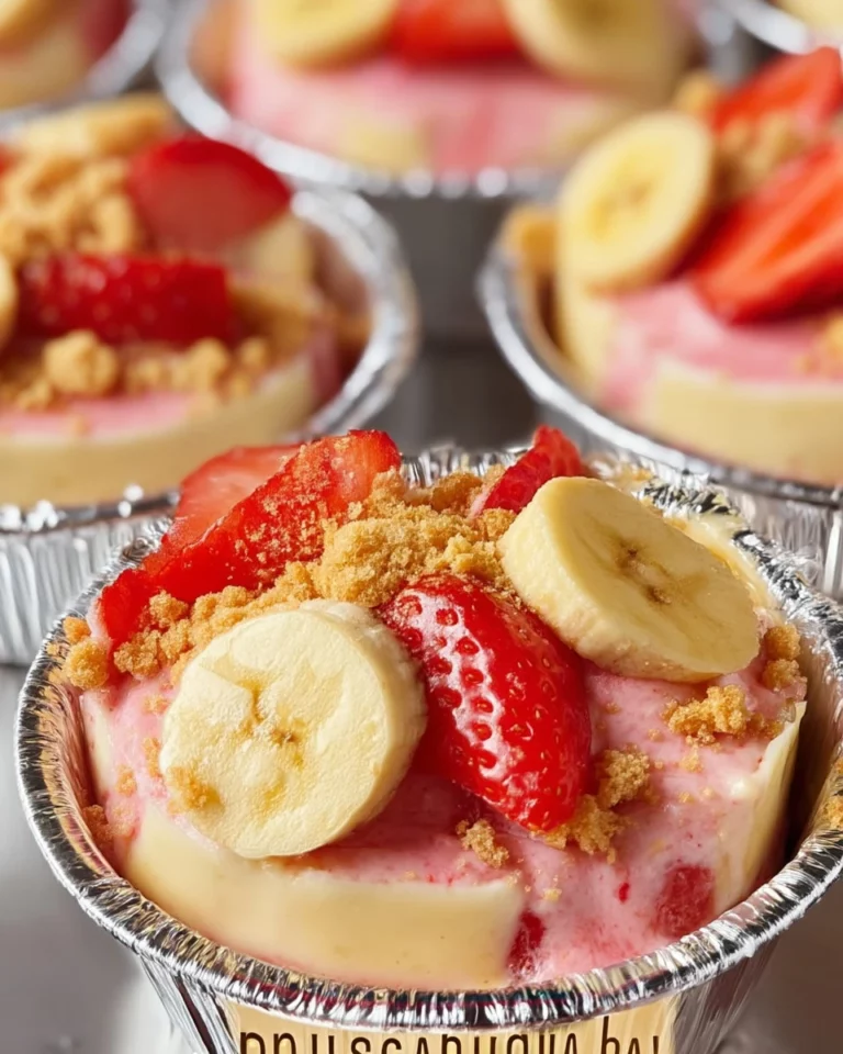 Delicious strawberry cheesecake banana pudding served in a glass dish
