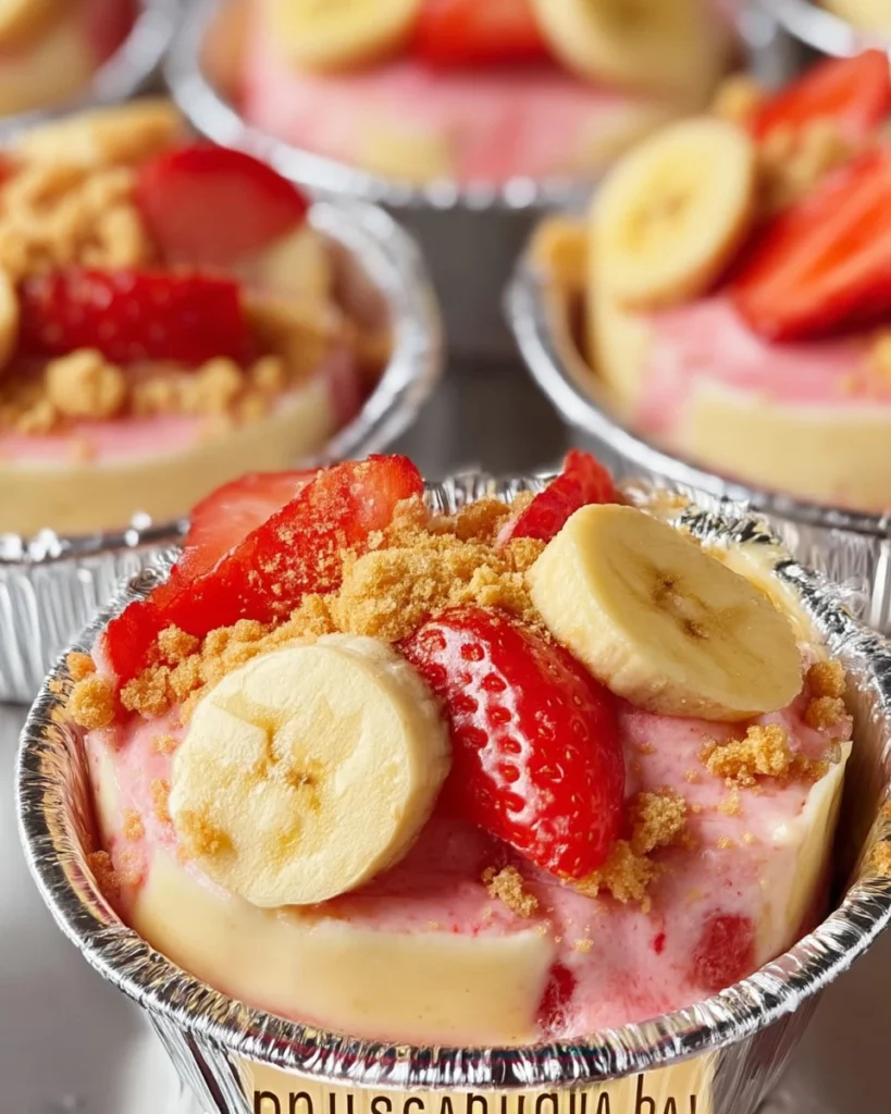 Delicious strawberry cheesecake banana pudding served in a glass dish