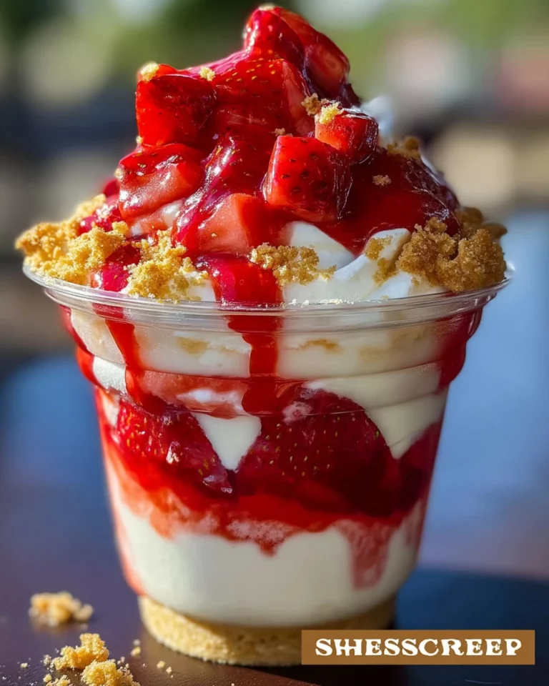 Delicious strawberry cheesecake cup topped with fresh strawberries