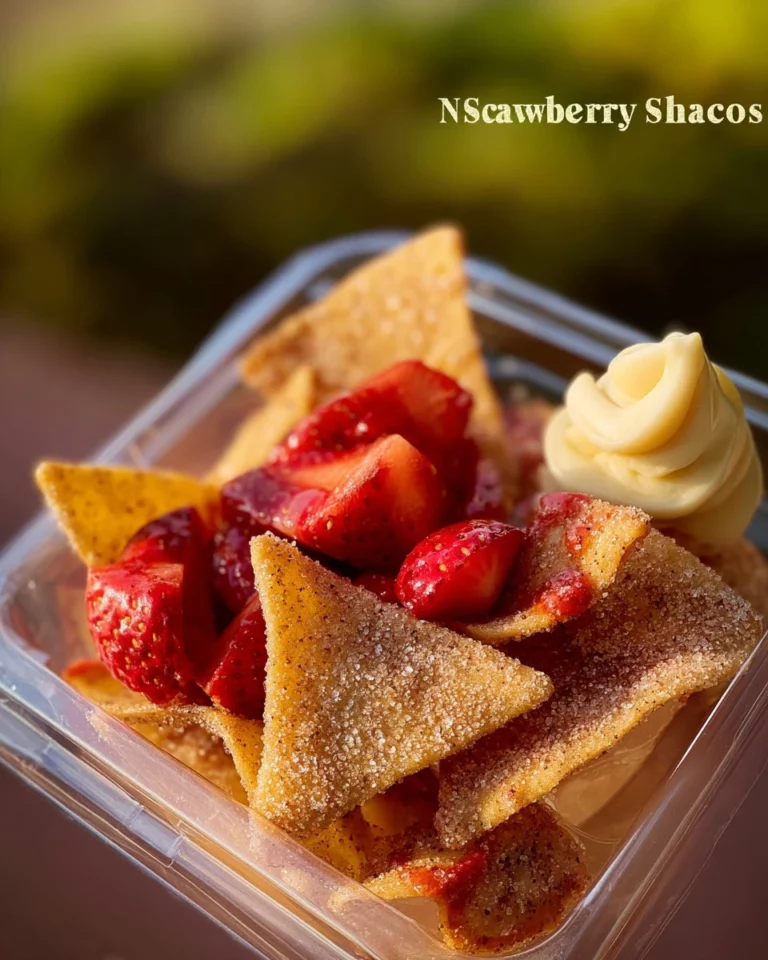 Delicious strawberry cheesecake nachos topped with fresh strawberries and whipped cream.