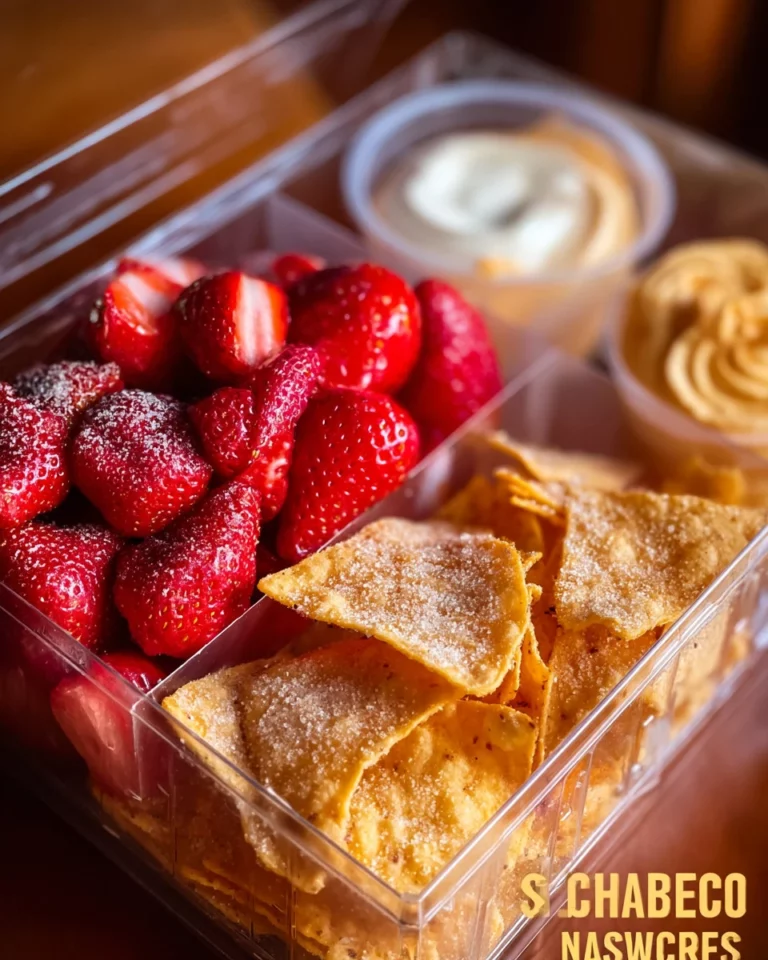 Delicious strawberry cheesecake nachos served in a colorful box.