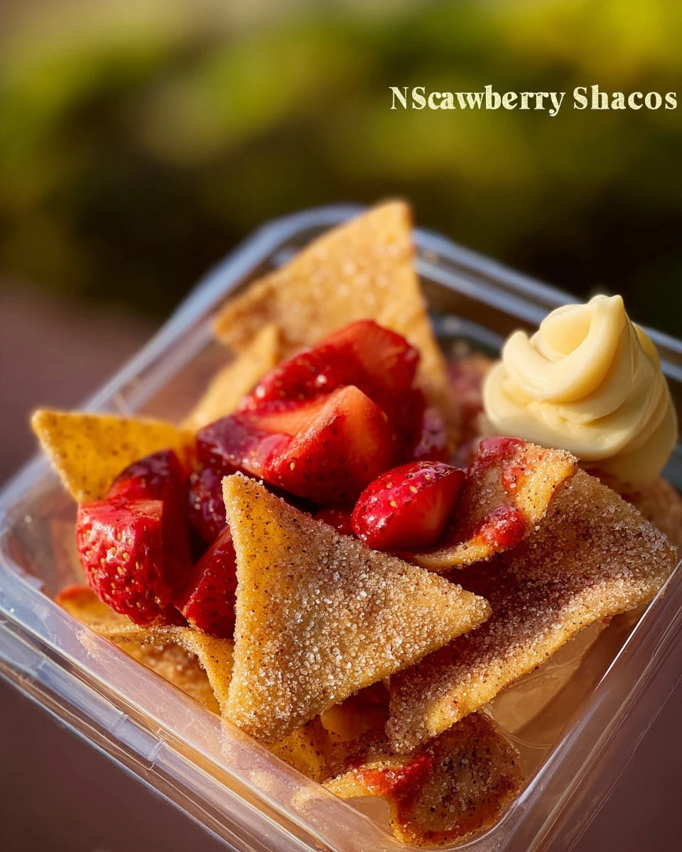 Delicious strawberry cheesecake nachos topped with fresh strawberries and whipped cream.