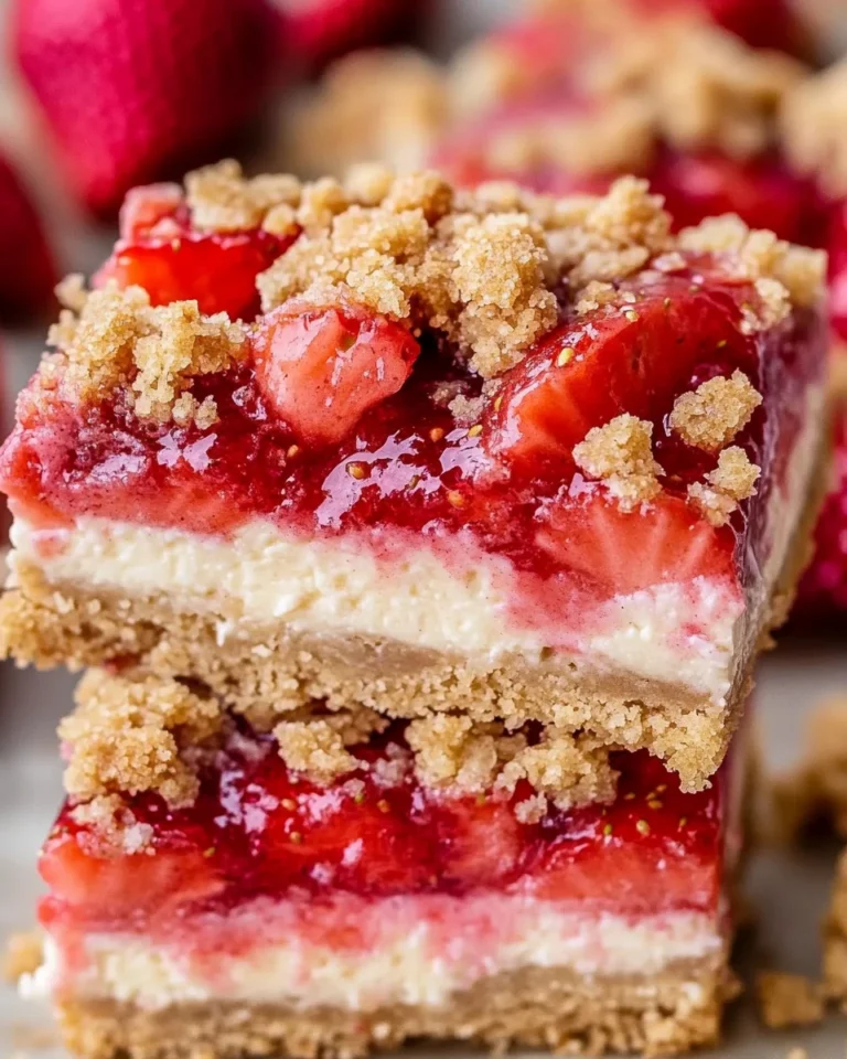 Delicious Strawberry Crumble Cheesecake Bars with a crumbly topping
