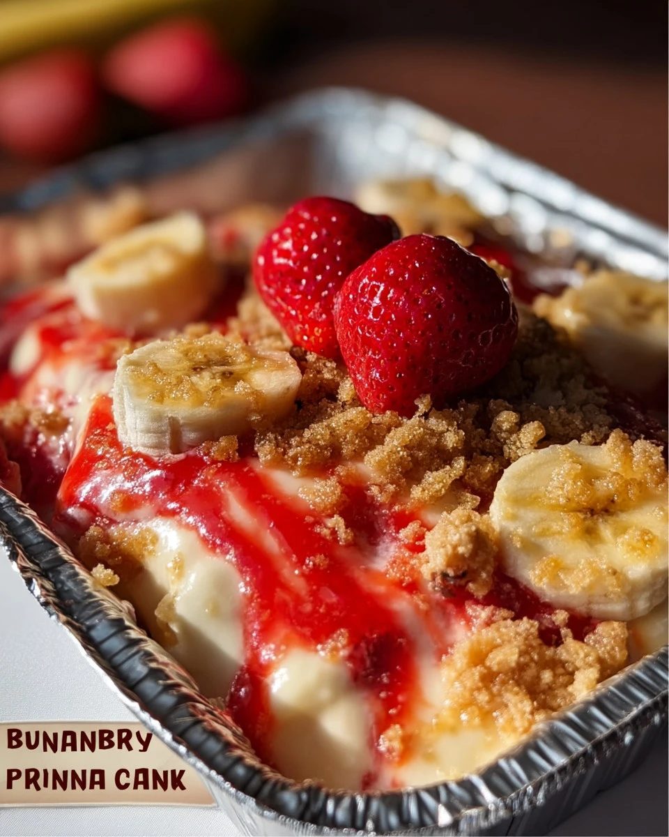 Strawberry Crunch Banana Pudding Pan dessert topped with strawberries and crunchy layers