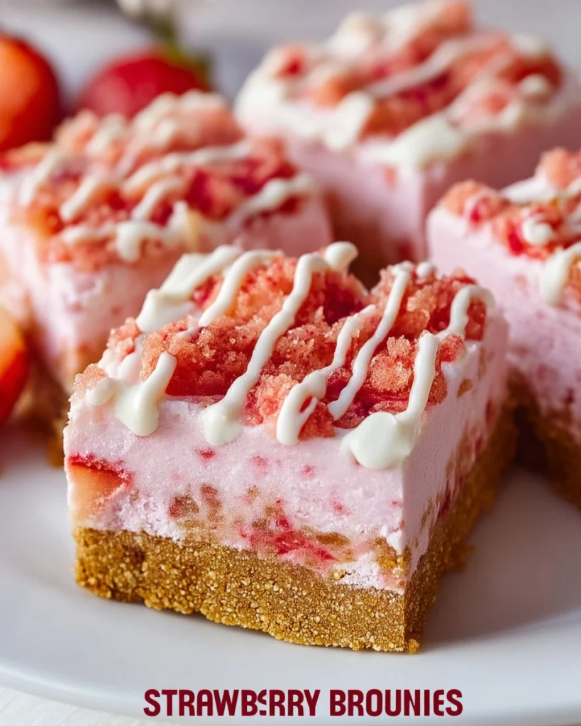 Delicious strawberry crunch brownies topped with strawberry flakes and chocolate