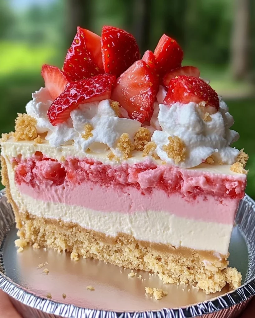 Slice of Strawberry Crunch Cheesecake with a creamy center and crunchy topping
