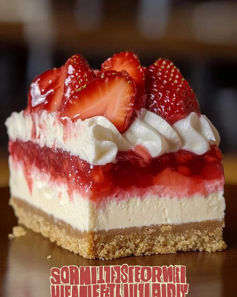 Delicious strawberry crunch cheesecake with a crispy topping
